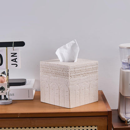 Beige Tissue Box Cover – Modern Resin Cube Holder for Bathroom, Bedroom, Office – Decorative Square Tissue Box for Countertop, Nightstand, Vanity & Desk – Heavy&Sturdy