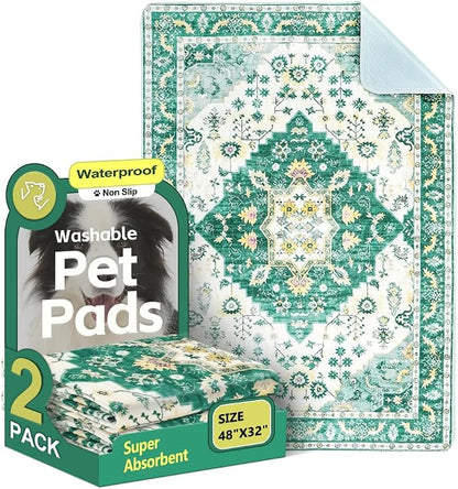 Washable Pee Pads for Dogs, 2 Pack Reusable Puppy Training Pads 48"x32" Super Absorbent Waterproof Dog Training Pads, Non-Slip Potty Pads, Whelping Pads Litter Mat Green Medallion