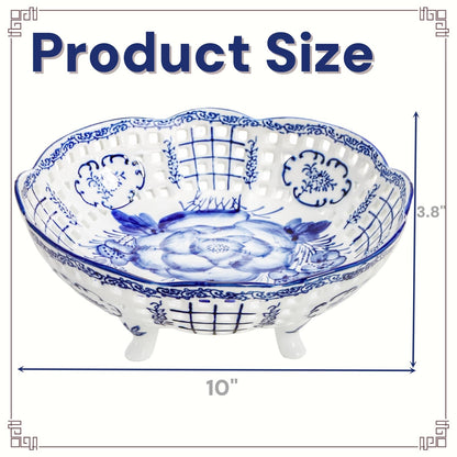 YIMITEE 10 Inch Ceramic Fruit Bowl, Blue and White Porcelain Pedestal Fruit Basket, Chinoiserie Decorative Vegetable Holder with Drainage Hole for Kitchen Counter Veggies, Candy, Cookie, Cake