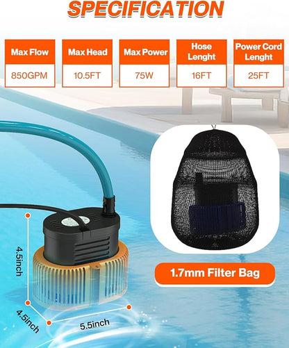 Pool Cover Pump above Ground - Submersible Water Sump Pump Swimming Water Removal Pumps, with Drainage Hose & 25 Feet Extra Long Power Cord, 850 GPH inGround, 3 Adapters