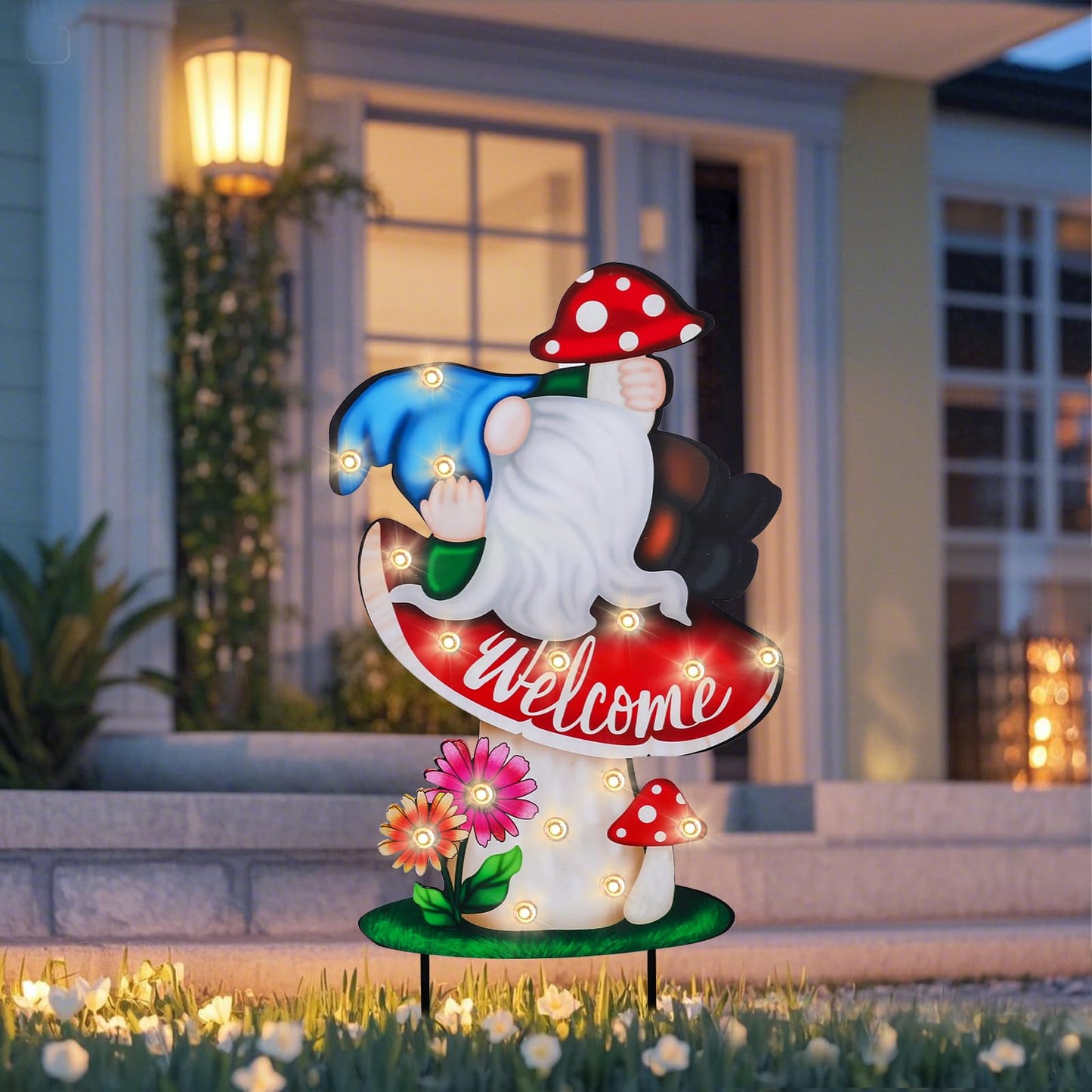 WONDER GARDEN Decorative Garden Stakes - Lighted Mushroom and Gnome Yard Sign Stakes with Flower, Spring Signs for Outdoor, Porch, Yard,Flower Bed Decor
