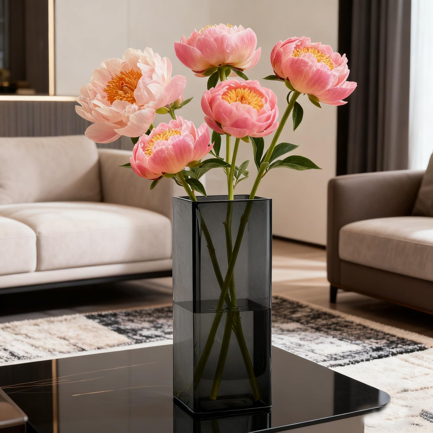 Guluto Acrylic Square Flower Vase, Non-breakable Vase, 4" x 4" x 8" Tall Grey Vases for Flower, Large Cube Floral Plant Container, Planter Terrarium for Wedding Party Event, Home Office Decor