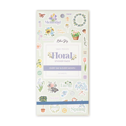 Blue Sky Sticker Book, Everyday and Monthly Planner Stickers, Undated, Glued with Bungee, 1460+ Stickers for Journals and Calendars (Floral, 4.5" x 9")