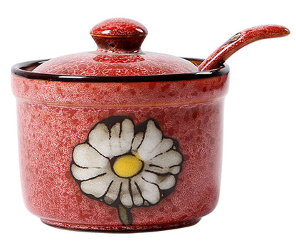 Ceramic Retro Flower Sugar Bowl Seasoning Pot with Lid And Spoon