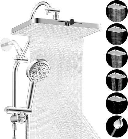 Hibbent cUPC Certified 13'' Shower Head Combo, High Pressure 5 Spray White Rainfall Showerhead, 10 Spray Handheld, All Metal Easy Reach 4-way Diverter Arm with Pause Mode, 71'' Hose and Holder, Chrome