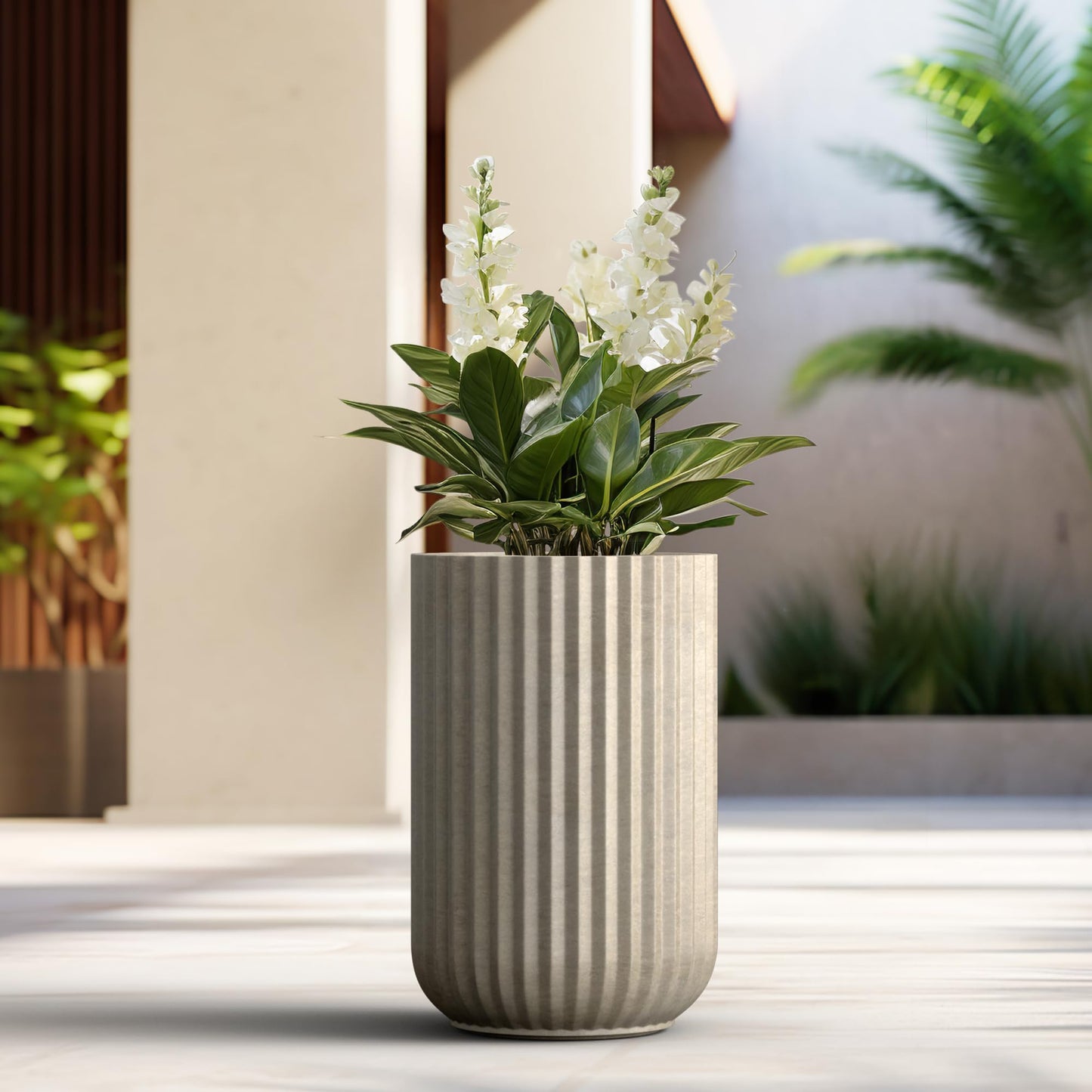 Kante Tall Fulted Planter, 21.7 Inch Tall Round Concrete Plant Pots with Drainage Hole and Rubber Plug, Modern Decor for Indoor Outdoor Plants, Flower, Weathered Concrete