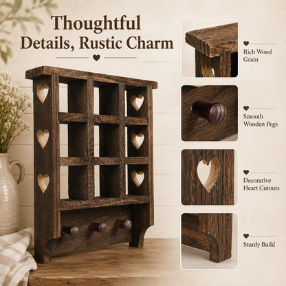 Trinket Shelf, Wooden Heart Shelf, 14 x 12 inch Floating Shelf, Wooden Trinket Shelf with Hearts and Pegs, Figurine Display Shelf, 9 Openings Heart Wall Shelf for Bedroom, Living Room, or Study Room
