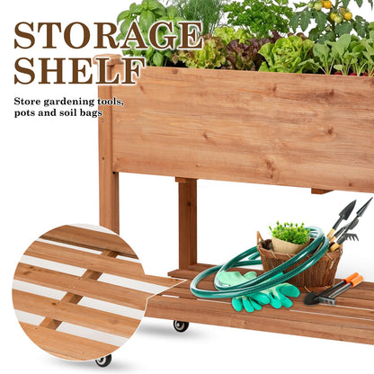 Nature Crafted Raised Garden Bed with Lockable Wheels, 32x16x32 inch Elevated Wood Planter with Storage Shelf Protective Liner for Vegetable Flower Herb Outdoor Balcony Patio Backyard, Brown