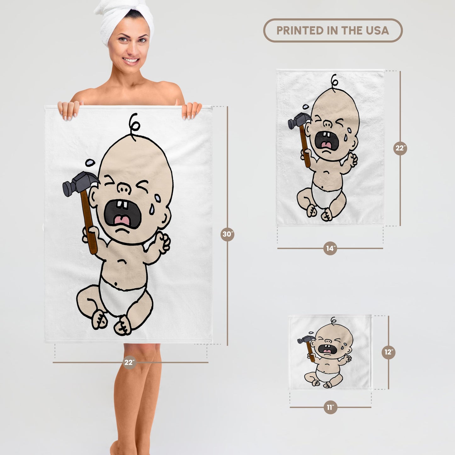 3dRose Funny Crying Baby with Hammer Carpenter Satire 15x22 Hand Towel