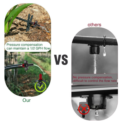 LiquiDrip 1/2 GPH Irrigation Drippers & Drip Emitters Maintain Constant Flow, 1/2 GPH Pressure Compensating Drippers, 1/2 GPH Inline Drippers & Drip Irrigation Emitters, 50 Per Bag, Red/Black