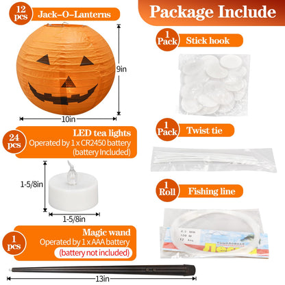 Hievil 12pcs 10in Floating Jack-O-Lanterns with Wand Remote and 24pcs LED Tea Lights for Decor