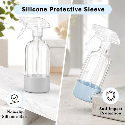 CHEODIN 360° Glass Spray Bottles 16 oz for Hair Cleaning with Silicone Sleeve, 2 Pack Amber Refillable Containers with Adjustable Spray Nozzles, Empty Spray Bottles for Plant, Clear