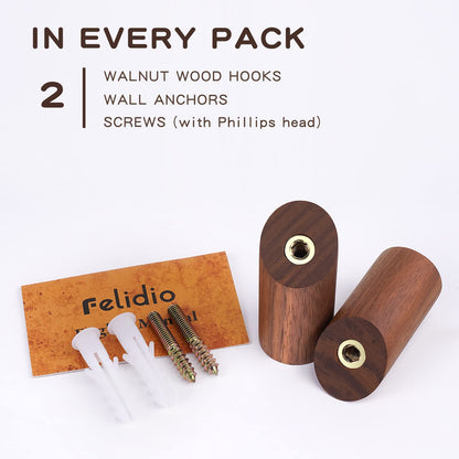 Felidio Wooden Wall Hooks, 2 Pack Coat Hooks Wall Mount, Natural Wood Hooks Coat Rack, Heavy Duty Hooks for Hanging Towels Entryway Coats Hat Rack for Wall (Walnut Wood)
