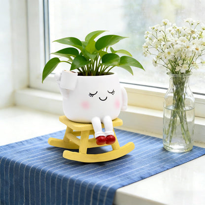 YOUOIVIA Rocking Chair Face Planter, Cute Coffee Plant Pots for Indoor Outdoor, Resin Funny Planter with Drainage, Unique Cactus Succulents Flower Pot, Desk Plant Table Top Decor, Home Gifts (White)