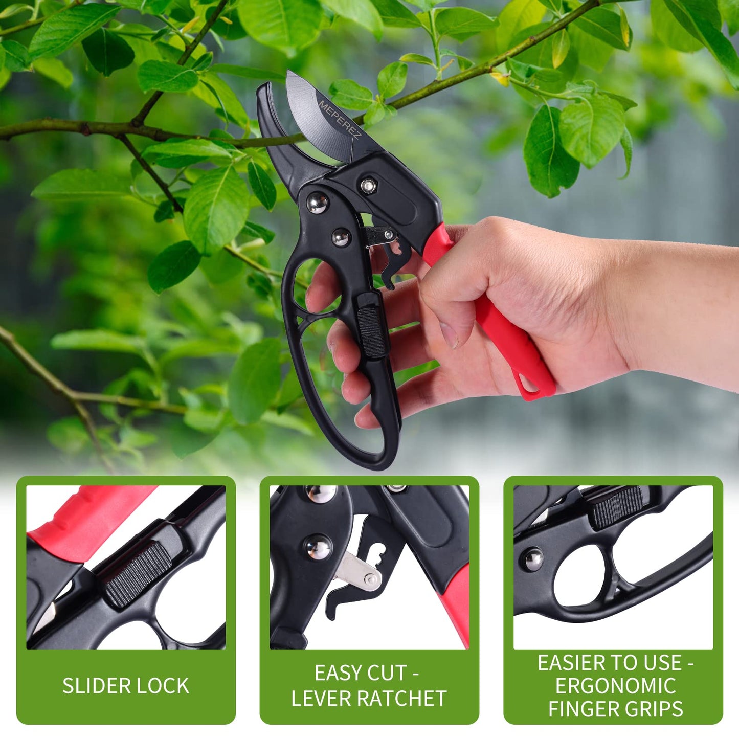 MEPEREZ Premium German-Made Pruning Shears – Ergonomic, Heavy-Duty Hand Pruners Designed for Precision Cutting of Plants; Ideal for Gardeners and Individuals with Arthritis or Reduced Hand Strength