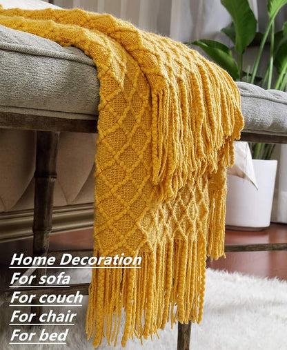 CREVENT Farmhouse Boho Knitted Throw Blanket for Couch Sofa Chair Bed Home Decoration, Soft Warm Cozy Light Weight for Spring Summer Fall (60''X80'' Mustard)