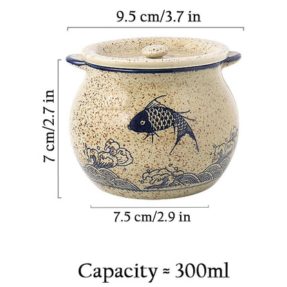hengshukeji Sugar Bowl with Lid and Spoon,Vintage Ceramic Seasoning Jar, 10oz Stoneware Sugar Salt Holder, Glazed Condiment Container for Kitchen Counter (Carp)
