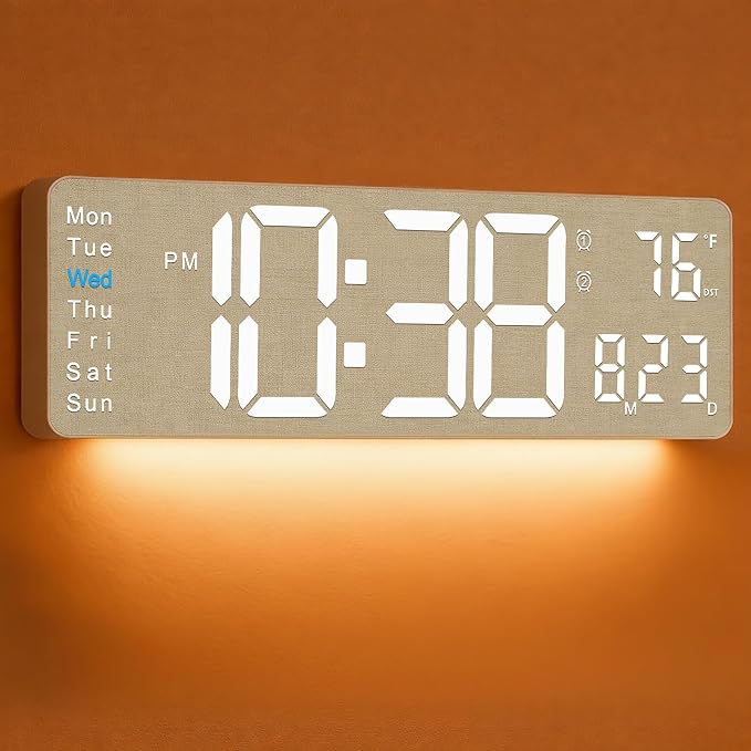 MASHI 2026 Upgrade Digital Wall Clock, 16" Large Display Digital Clock with Remote Control, Auto-Dimming Wall Clock with Night Light, DST, Date Week,Temp for Living Room, Gift for Elderly (Beige)