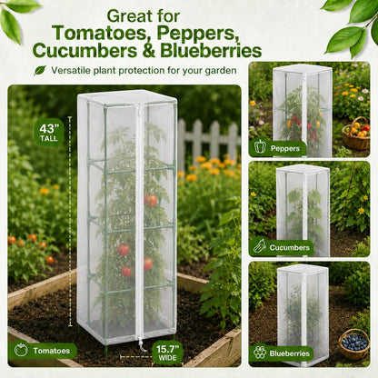 Halatool Garden Tomato Plant Cover Netting, Fits 40–50" Tall Square Tomato Cages, Garden Bird Netting with Zipper & Drawstring, Insect Barrier, Plant Covers from Insects Animals, 4 Pack, 43"×15.7"