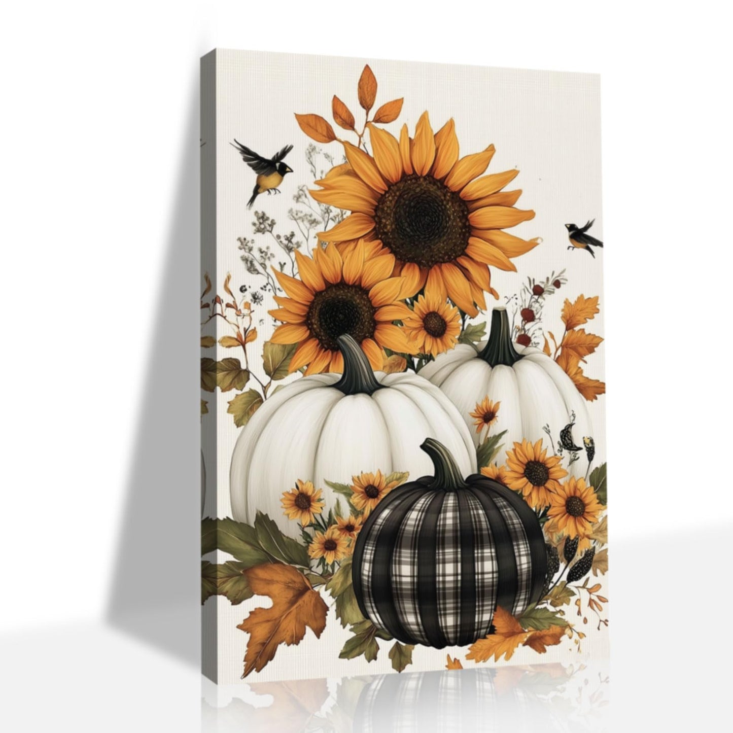 CHAOSETKEN Fall Pumpkin Wall Art Pumpkins with Flower Pictures Prints Autumn Harvest Theme Canvas Paintings Thanksgiving Artwork for Kitchen Farmhouse Decor Framed (Black,18L x 12W)
