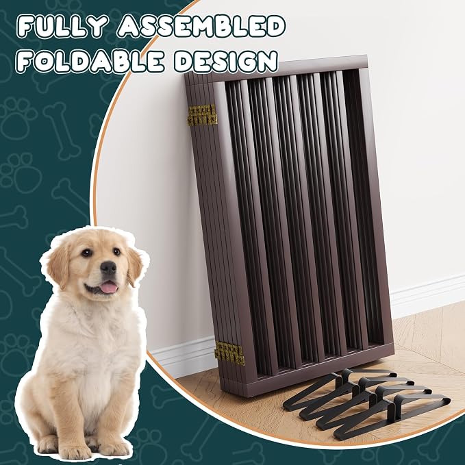 Semiocthome Freestanding Dog Gate Indoor 32" Tall, 6-Panel Wooden Dog Gates for Doorways Stairs, Foldable Pet Gate Safety Fences Indoor (110" W,Espresso)