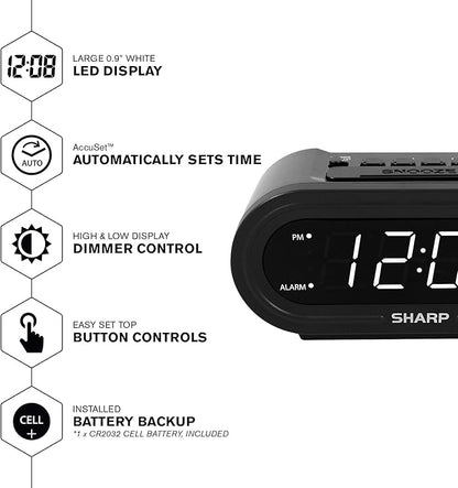 Sharp Digital Alarm with AccuSet - Automatic Smart Clock, Never Needs Setting (Midnight Black-White LED)