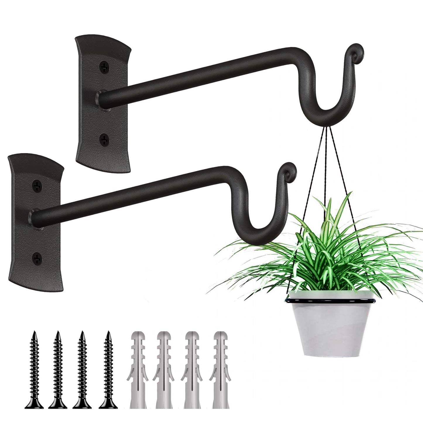 RTZEN Plant Hangers Outdoor or Indoor - Wrought Iron Metal Hanger Indoor Hook - Heavy Duty Wall Bracket Hooks for Hanging Plants Baskets Lanterns Wind Chimes - 2 Pack (Black Shepherds Hooks)