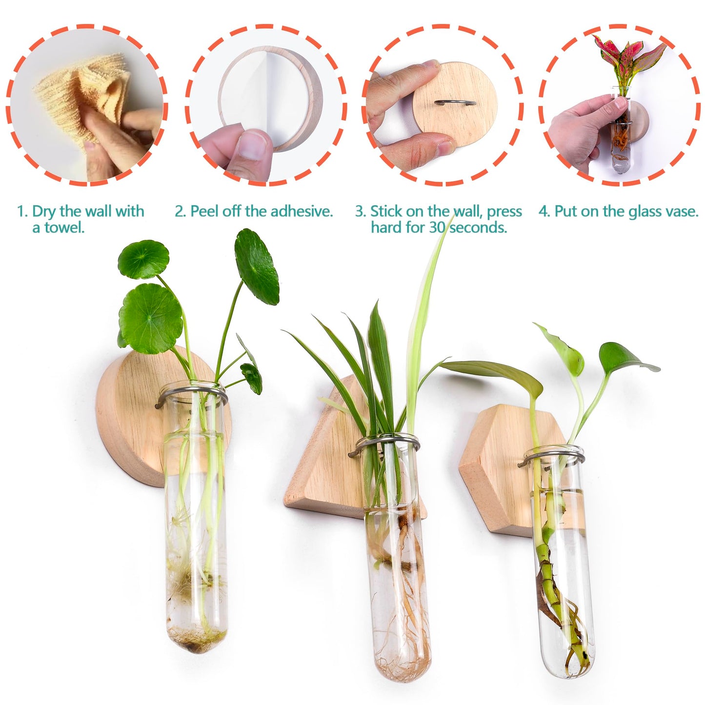 MITIME Wall Hanging Glass Planter Plant Propagation Station, Geometric Wooden Stand for Home Office Decoration
