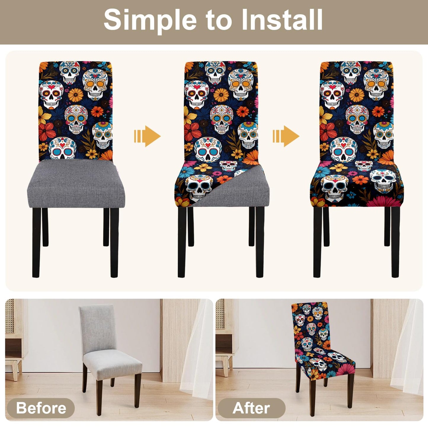 ANNA QUEEN Halloween Sugar Skull Chair Covers for Dining Room and Kitchen Set of 4 – Stretchable Floral Day of the Dead Chair Slipcovers, Festive Halloween and Holiday Décor