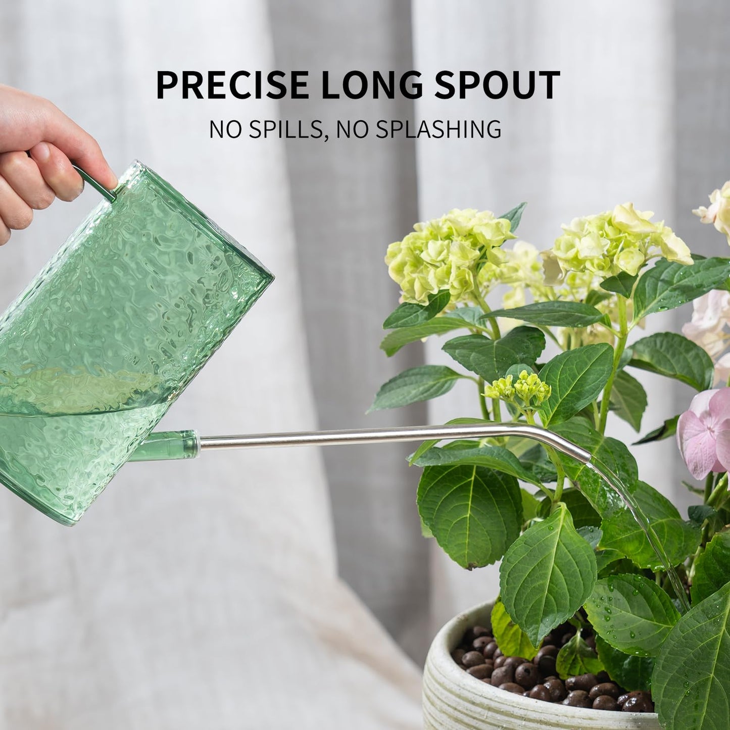 Watering Can for Indoor Plants, Water-Ripple Design Small Plastic Plant Watering Can with Long Spout and Detachable Shower Head for Houseplants, Flowers, and Succulents, 34oz, Forest Green
