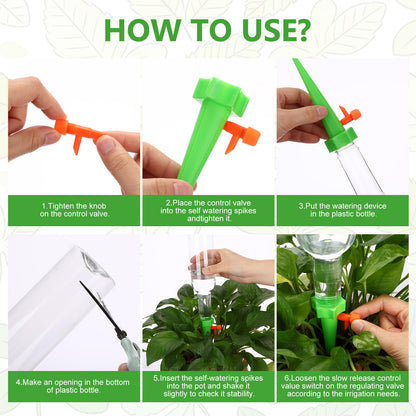 Ferrochef 6 Set Plant Watering Devices with Self Watering Spikes Automatic Planter Insert Spikes with Bottle Waterer Devices with Adjustable Control Valve for Vacation Garden Indoor (13.5 oz Bottle)