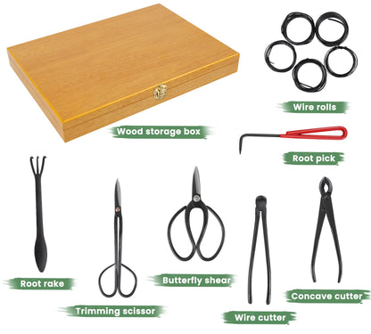 Bonsai Tools Set with Wood Box 12PCS Heavy Duty Bonsai Tree Kit, Trimming Scissor Shears, Concave Cutter, Wire Rolls, Wire Cutter and More, Gardening Pruning & Care Kit