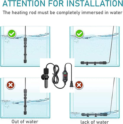 Mini Submersible Aquarium Heater,200 Watts Adjustable Fish Tank Heater, Built-in Thermometer, External Temperature Controller, Smart Memory, Used for 1-60 Gallons (200 Watts)