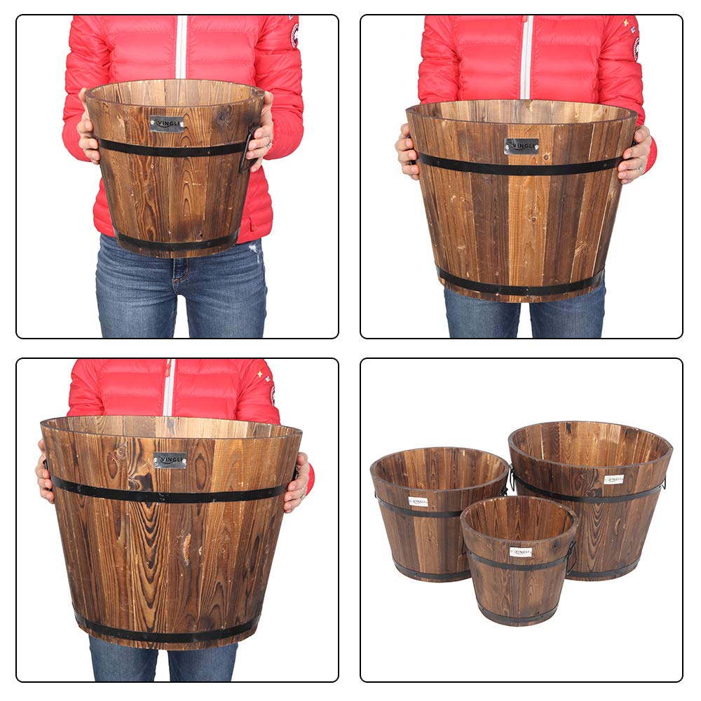 VINGLI 3 PCS Large Wooden Planter Barrel Set, 11.5"(Dia)- 18"(Dia) Real Wood Indoor/Outdoor Flower Pot w/Drainage Holes, Different Sizes, Large Garden Container Box
