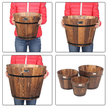 VINGLI 3 PCS Large Wooden Planter Barrel Set, 11.5"(Dia)- 18"(Dia) Real Wood Indoor/Outdoor Flower Pot w/Drainage Holes, Different Sizes, Large Garden Container Box