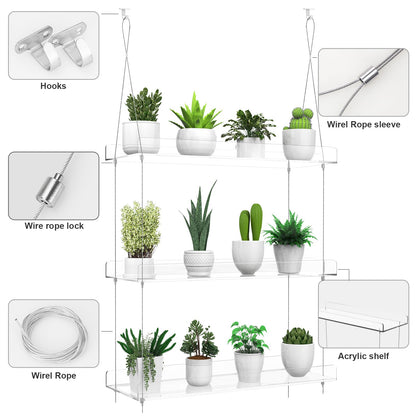 ZerzSemp 3-Tier Hanging Clear Plant Shelves for Windows, Acrylic Window Wall Plant Stand Shelf for Kitchen Indoor Gardens, Flower, Herb, Seedling Organization, and Pots Display, 16 Inch per Tier