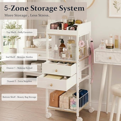 Makeup Organizer Cart, Rolling Floor Skincare Organizer and Storage with 2 Wooden Drawers, Cosmetics Display Cases Holder for Skin Care Perfume Hair Tools Nail Polish（White & Gold）