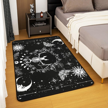 Castle Fairy Gothic Bat Area Rug 5x6'6''x0.39'' for Bedside,Halloween Skull Boho Sun Moon Home Mat for Playroom Office,Rustic Botanical Leaves Indoor Floor Area Rugs Washable Rug
