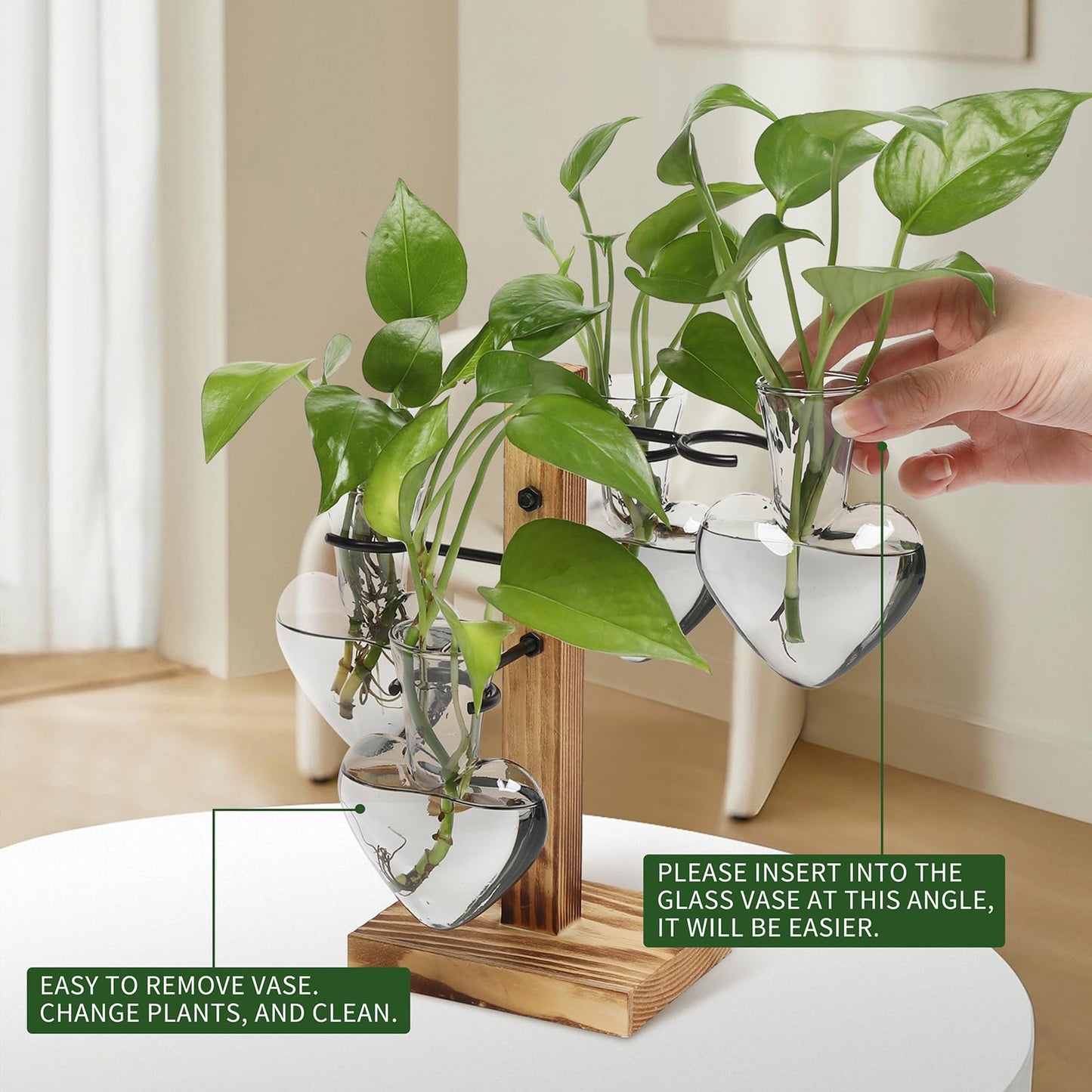 CYZglass Plant Terrarium Propagation Stations with Wooden Stand, Glass Vase for Indoor Hydroponics Home Garden Office Decoration Gift for Women - 4 Love Bulb Vase
