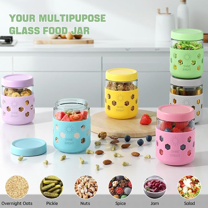 4 Pack Overnight Oats Containers with Lids - Thickened Glass 16 oz Mason Jars with Silicone Sleeves, Wide Mouth Airtight Leak-Proof Chia Seed Pudding Meal Prep Jars for Yogurt Parfait Snacks