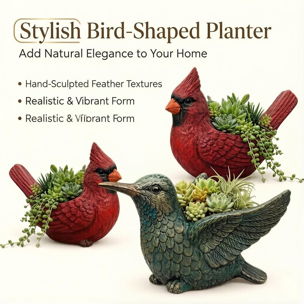 BoniIllusion 2026 Cardinal Bird Succulent Planter, Red Resin Hummingbird Succulent Pot with Drainage Hole, Nature-Inspired Decorative Flower Pot for Indoor Outdoor Garden Desk Decor (Hummingbird)