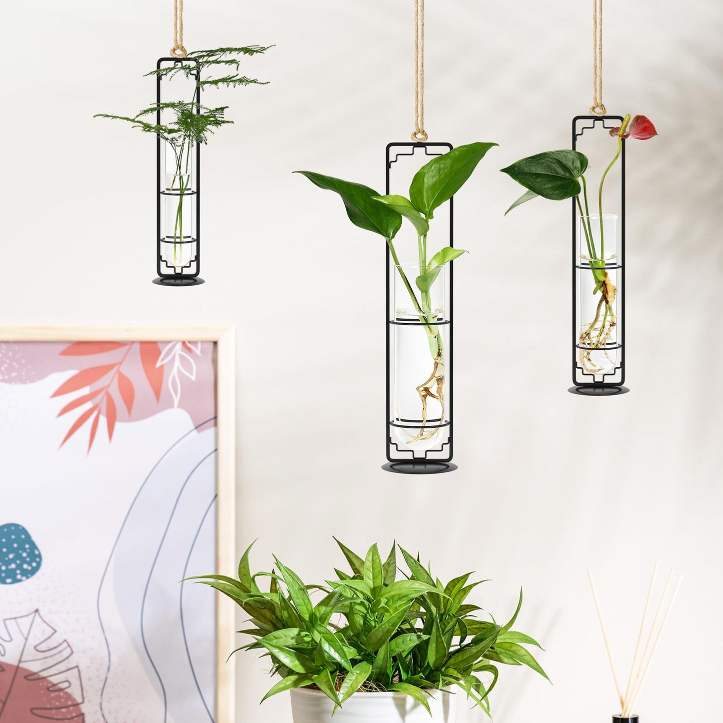 MIPON Metal Hanging Plant Propagation Station,3 Size Glass Test Tube Hydroponic Planter,Boho Wall Hanging Plant Cuttings Holder,Indoor Water Plant Terrarium Tubes for Home Office Window Decor-Black