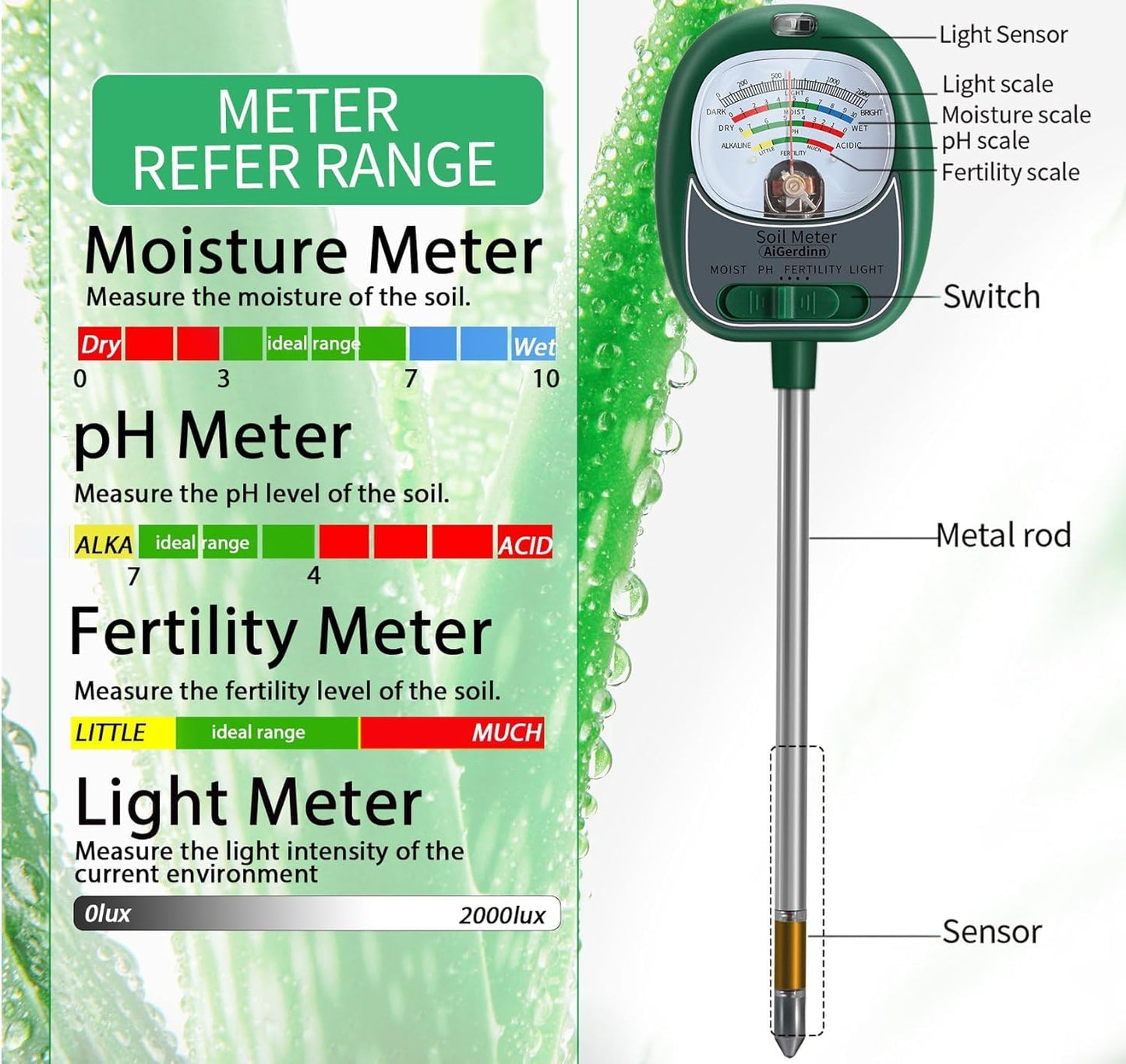 AiGerdinn Soil Moisture Meter for Plants, 4-in-1 Soil Tester - pH/Fertility/Sunlight Meter, Large Dial, Indoor/Outdoor Plant Water Monitor, Garden Soil Test Kit for Lawn, Farm, Houseplants