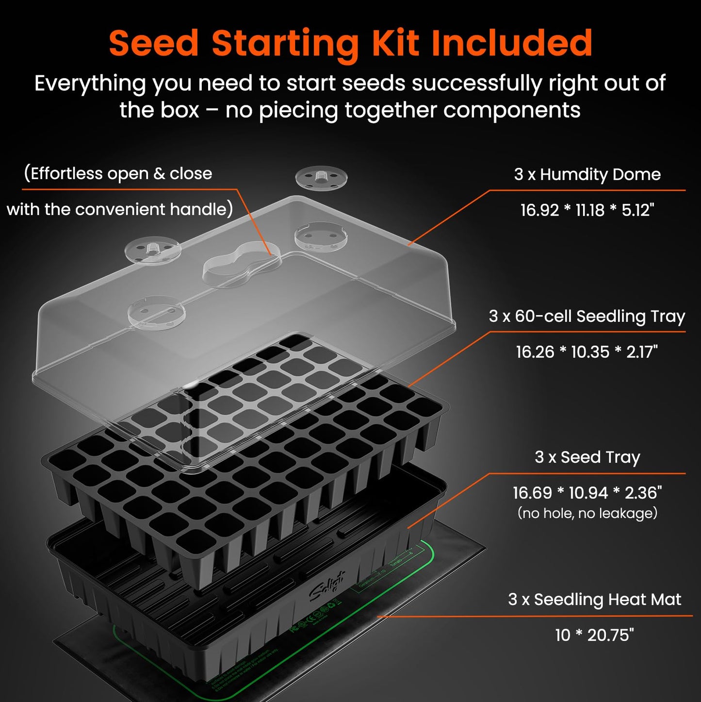 SOLIGT 3 Set 60-Cell Seed Starter Kit - Strong Seed Trays with Humidity Domes, Cell Trays and Seedling Heat Mats - Cloning, Propagation and Germination Station