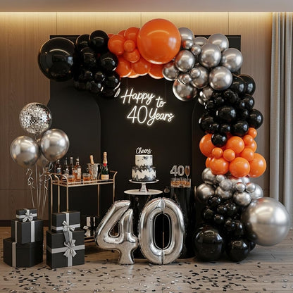 133pcs Orange Black Silver Balloons Garland for Halloween Decorations, Graduation, Basketball Theme Decorations, Party Backdrop, Birthday, Haunted House, Trick or Treat Party Supplies
