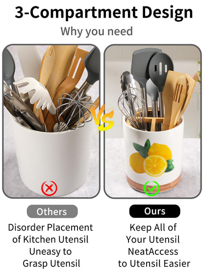 HAPPY KIT 7.6″ Extra Large Kitchen Utensil Holder Porcelain 360° Rotating Utensil Holder for Kitchen Counter with 3 Removable Compartment, Housewarming Gift & Farmhouse Decor (Lemon)