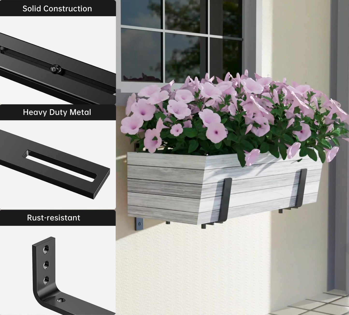 Y&M 4 PCS Adjustable Window Box Brackets for Planter Box, Heavy Duty Wall Mounted Hooks Hangers for Flower Baskets Holder Durable, Hanging Brackets for Fence Patio Garden Balcony