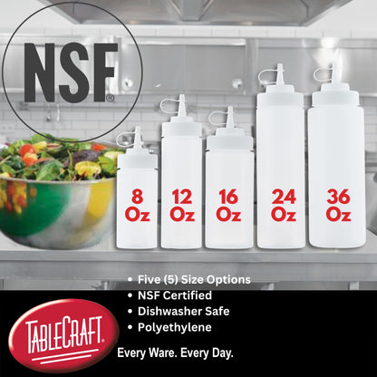 TableCraft 12633 Widemouth Condiment Squeeze Bottles, 63 mm Opening, Cone-Tip Top, Tethered Cap, Clear Sauce Dispensers for Food Prep, 24 oz (710 mL), NSF, Made in USA, Pack of 6,2.75"x2.75"x10.375"