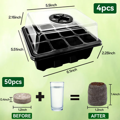 Halatool 8 Pack Seed Starter Tray with 100 PCS Peat Pellets, 96 Cells Black Seeding Starter Trays for Organic Seed Starter Soil Pods for Planting Vegetables Plants Flowers - Starting Seeds Kit