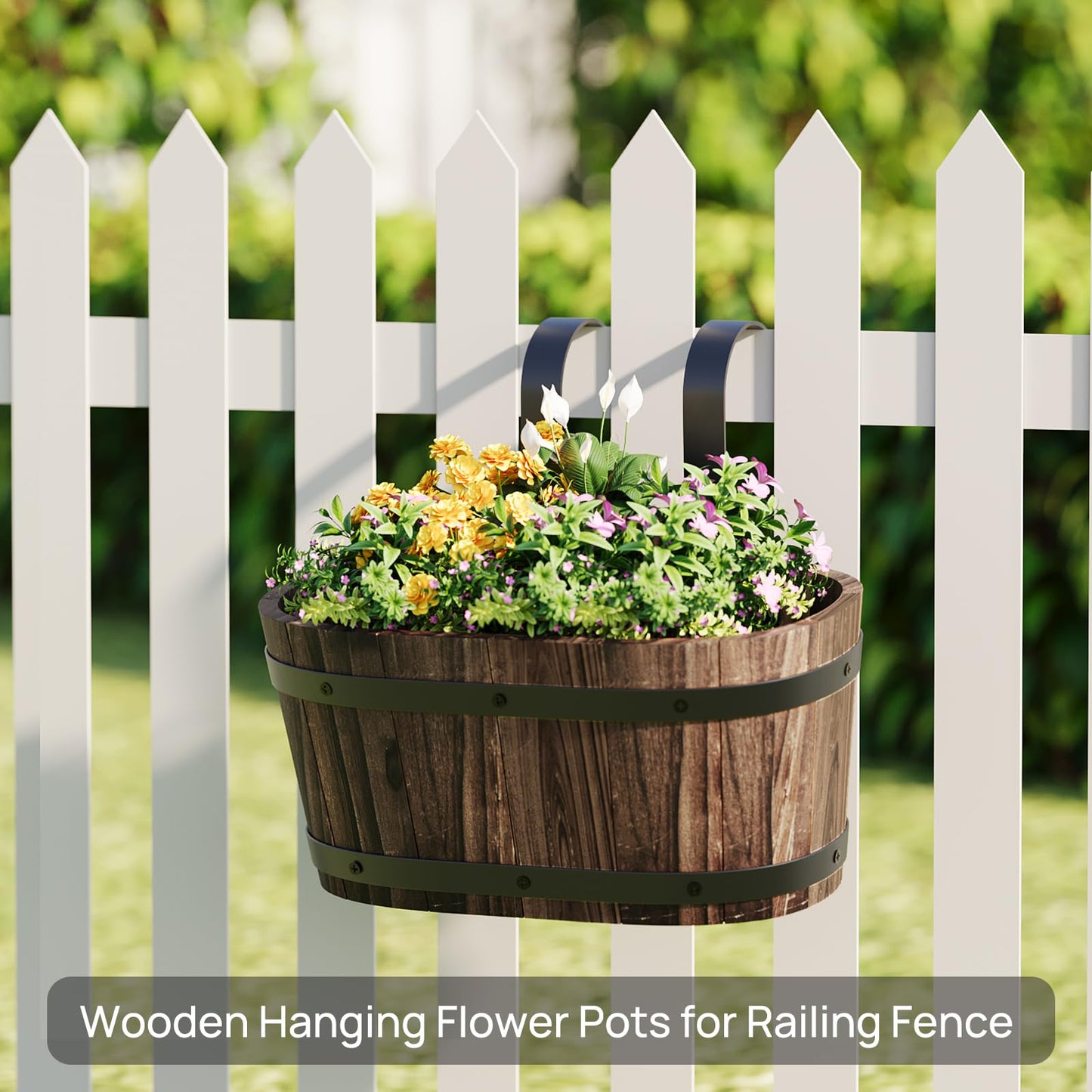 2PACK Wood Cute Railing Planter Box Wooden Hanging Flower Pots for Railing Fence Outdoor Plants Wall Planters Window Flower Box Hanging Bucket Pots Countryside plant Holder (Carbonized,2pcs,Small)